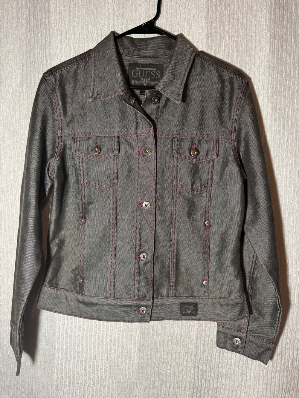 GUESS Gray Denim Jacket with Pink Stitching
